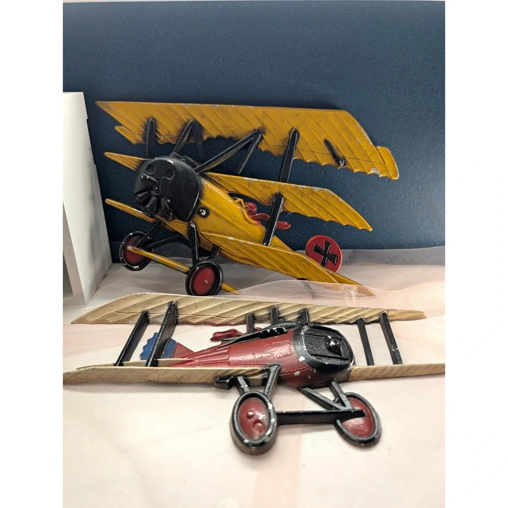 HOMCO USA Metal Biplane Wall Plaque Lot of 2 Yellow & Red Airplane Decor